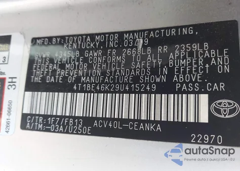 2009 Toyota Camry Le из США, поврежденный, VIN 4T1BE46K29U415249